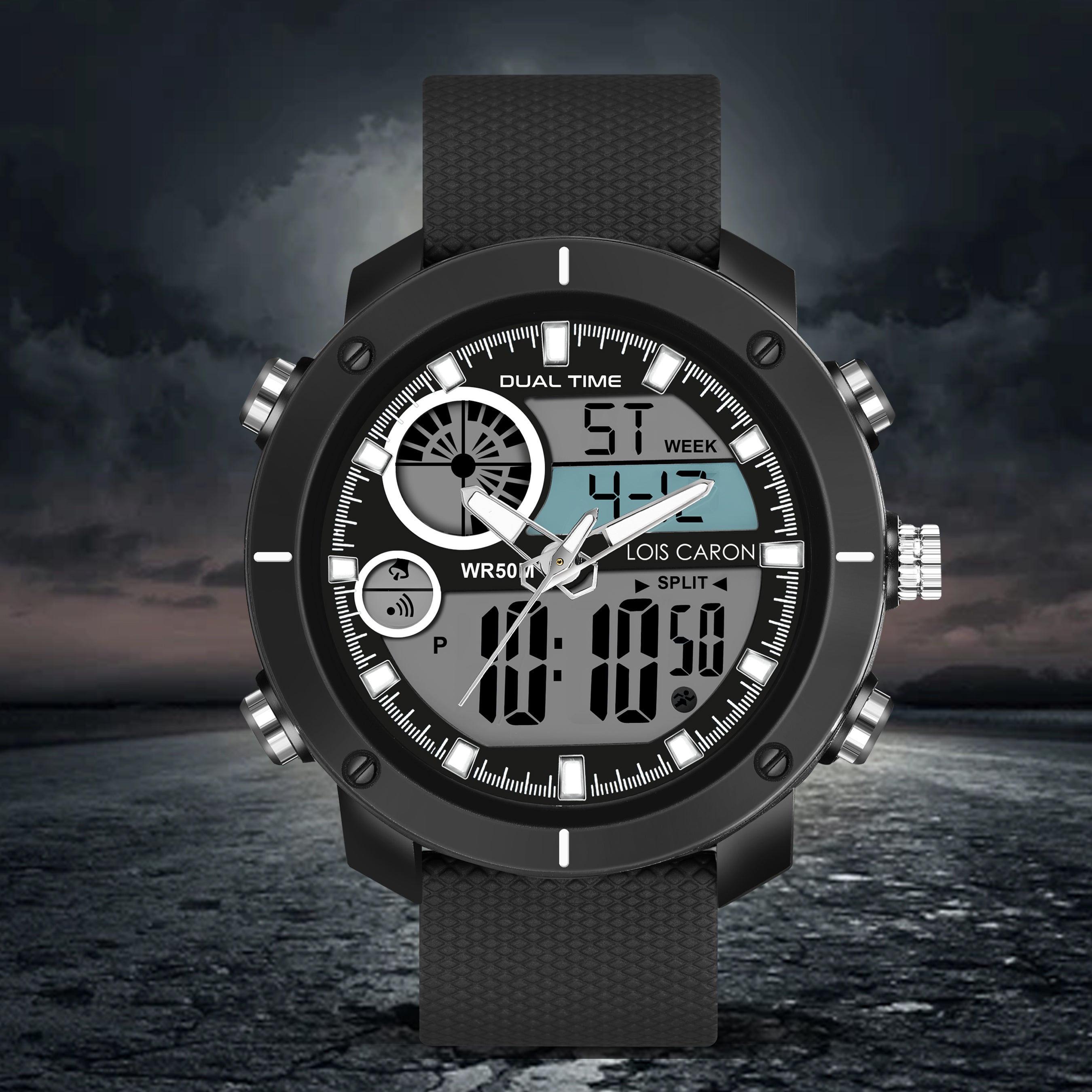 Analog-Digital Sports Watch: Chronograph, Dual Time, Alarm, Stopwatch,