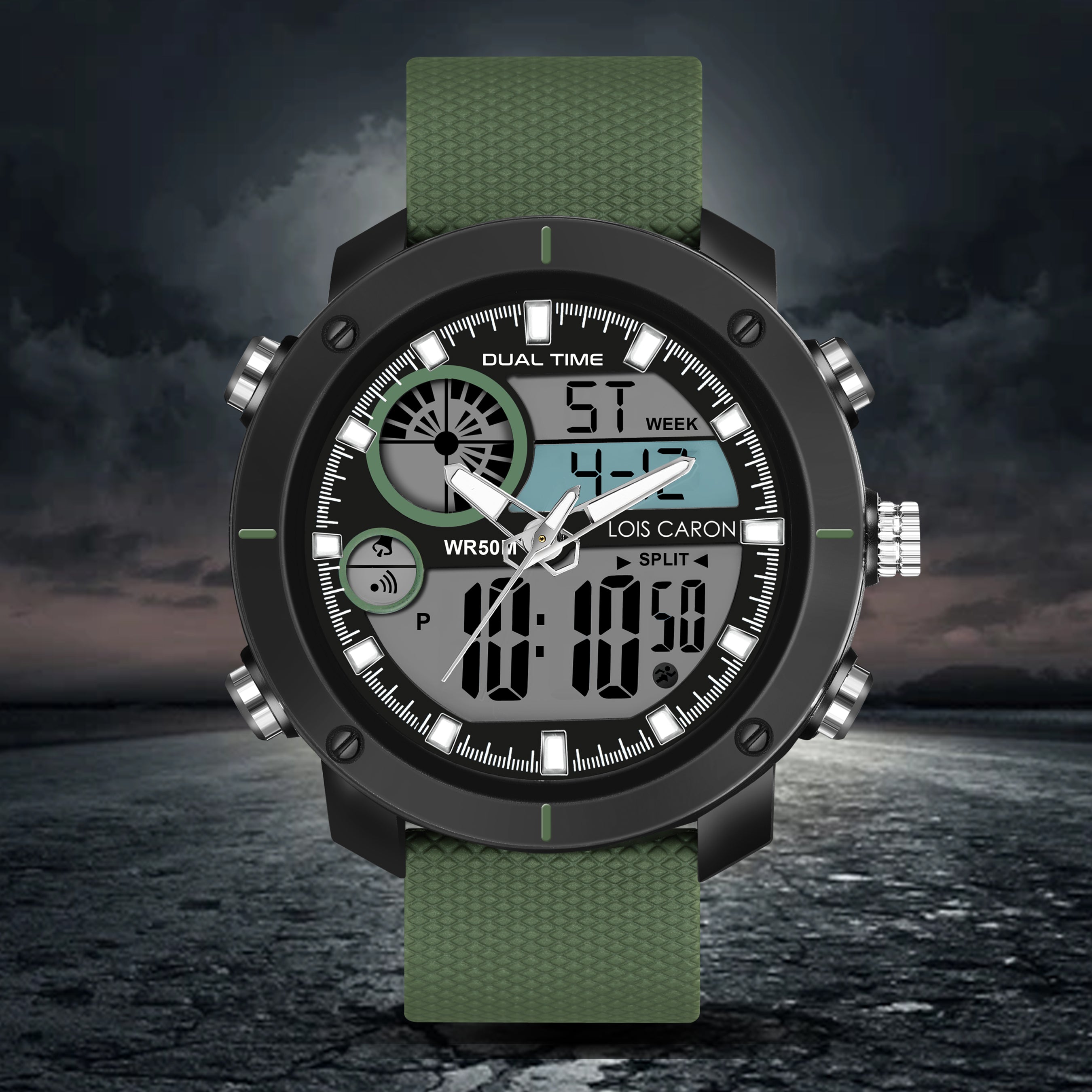 Analog-Digital Sports Watch: Chronograph, Dual Time, Alarm, Stopwatch,