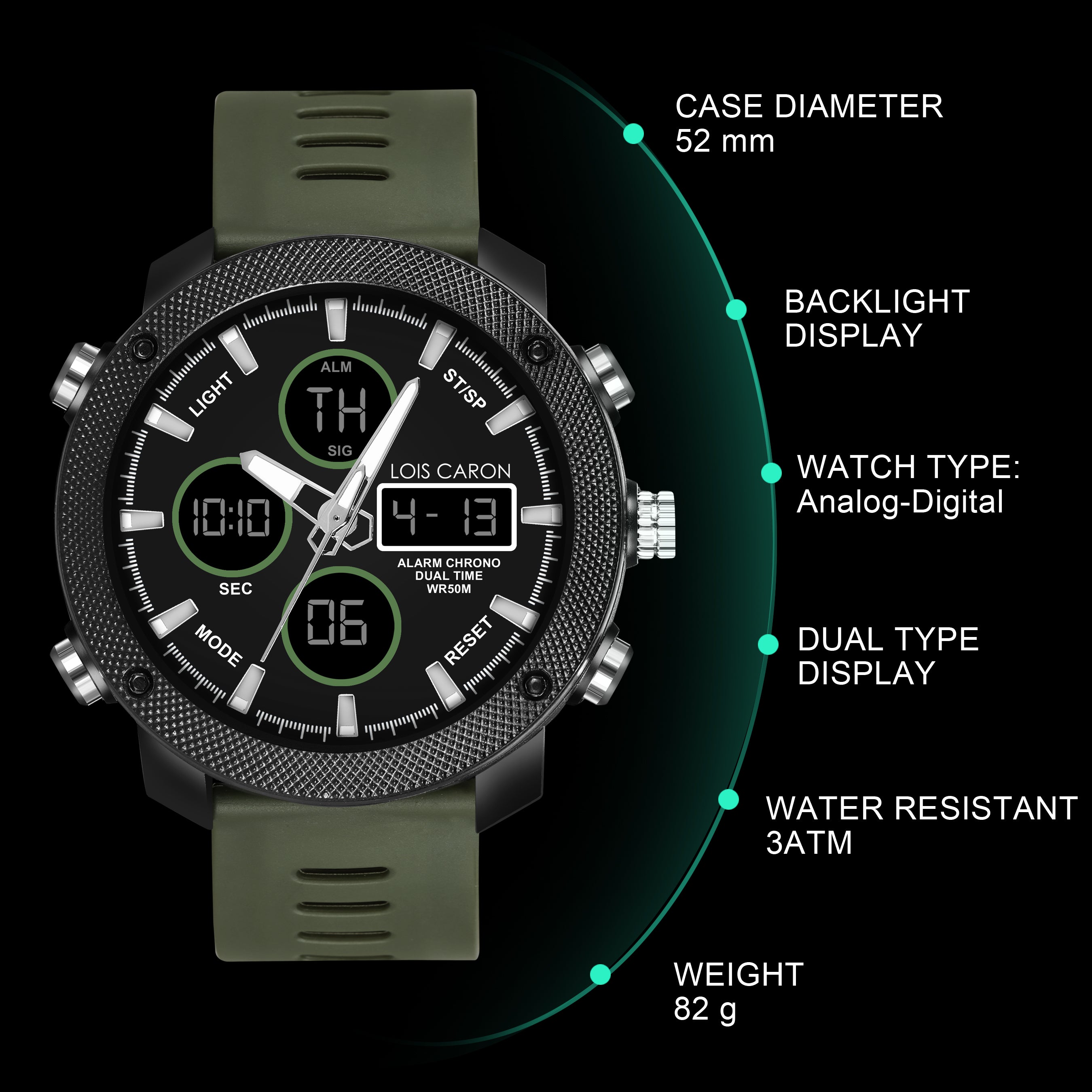 Analog-Digital Sports Watch: Chronograph, Dual Time, Alarm, Stopwatch, Water-Resistant, Shock-Resistant, Back Light Display- The Perfect Watches for Men LCDA8009