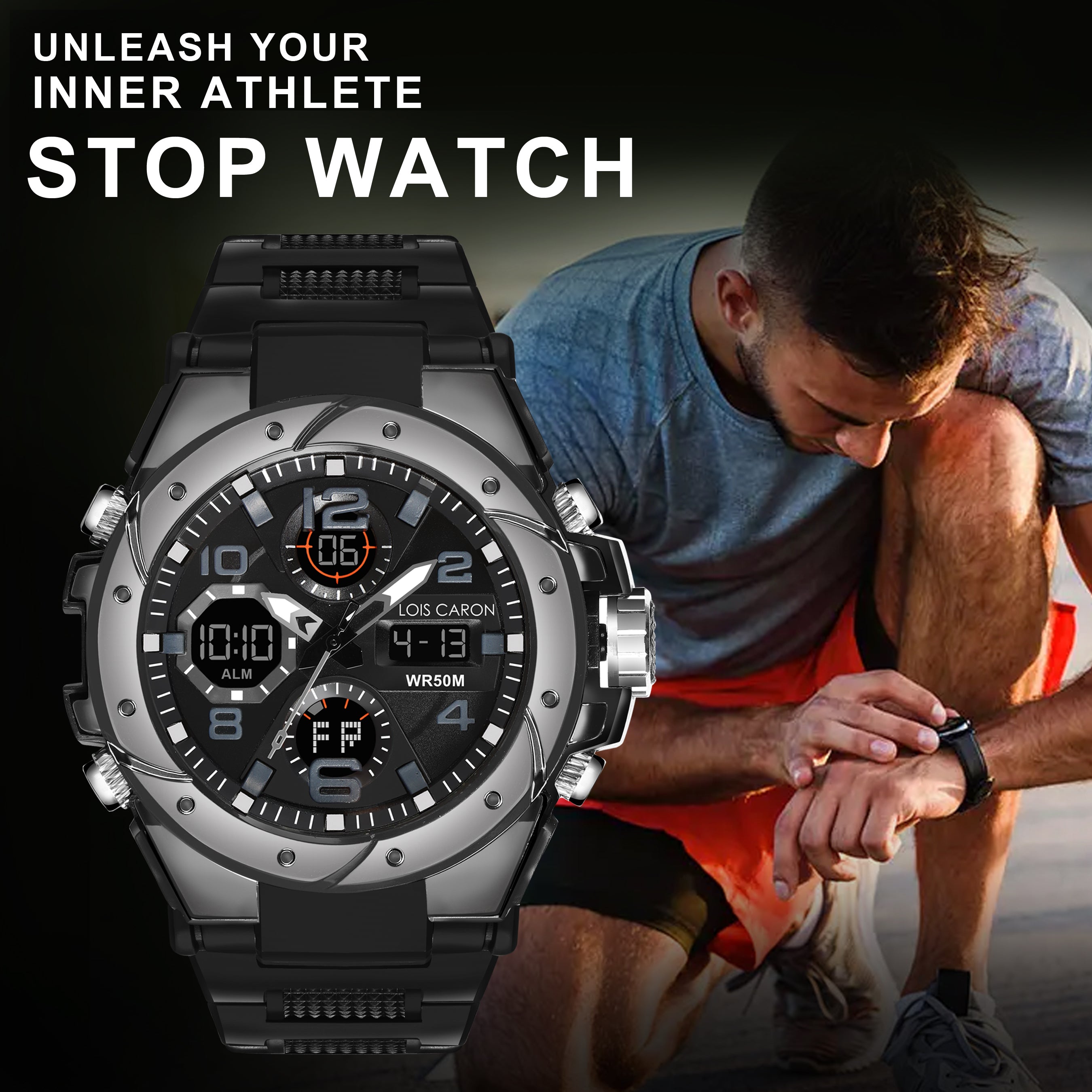 Analog-Digital Sports Watch: Chronograph, Dual Time, Alarm, Stopwatch, Water-Resistant, Shock-Resistant, Back Light Display- The Perfect Watches for Men LCDA8004