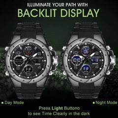 Analog-Digital Sports Watch: Chronograph, Dual Time, Alarm, Stopwatch, Water-Resistant, Shock-Resistant, Back Light Display- The Perfect Watches for Men LCDA8004