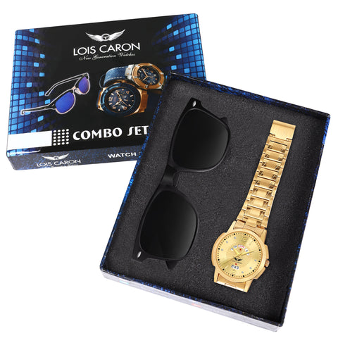 Combo Set of Original Gold Plated Day & Date With Sunglass & Analog Watch - For Men LCS-9135