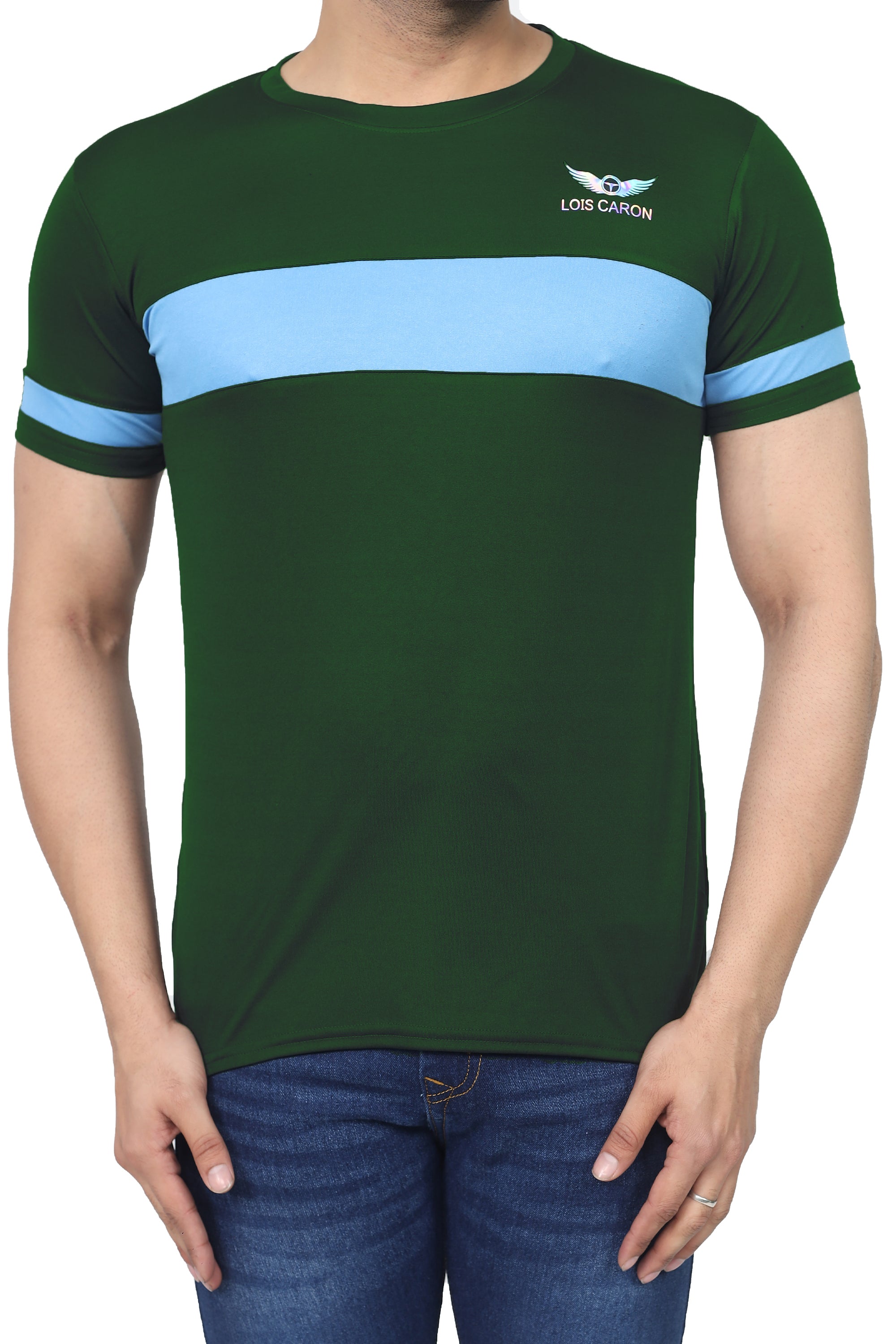 LOIS CARON  LCTM-10L Dark Green With Blue Vertical Dry Fit Men Color Block, Sporty, Washed/Ombre Round Neck Polyester Dark Green, Blue T-Shirt