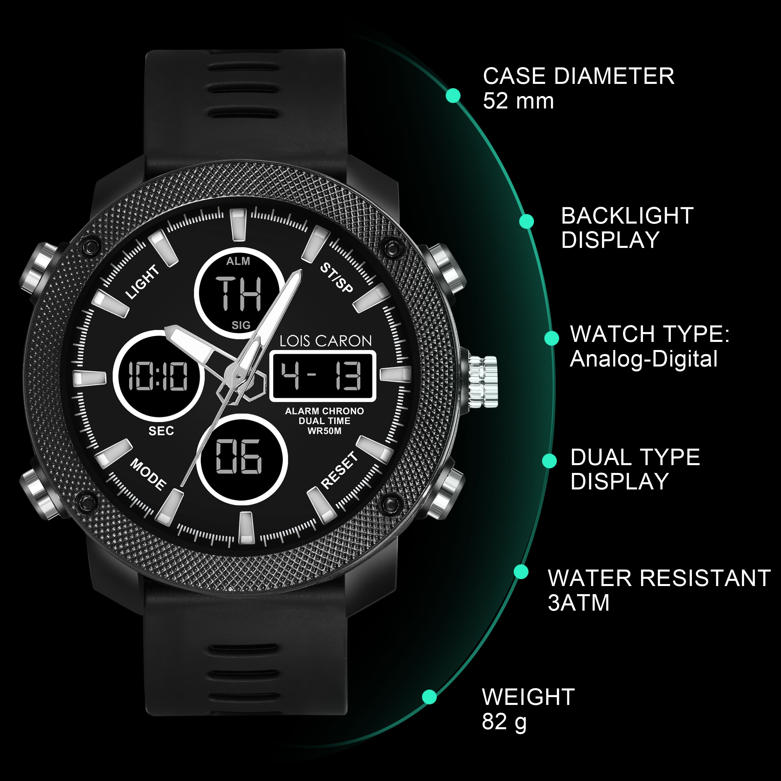 Analog-Digital Sports Watch: Chronograph, Dual Time, Alarm, Stopwatch, Water-Resistant, Shock-Resistant, Back Light Display- The Perfect Watches for Men LCDA8007