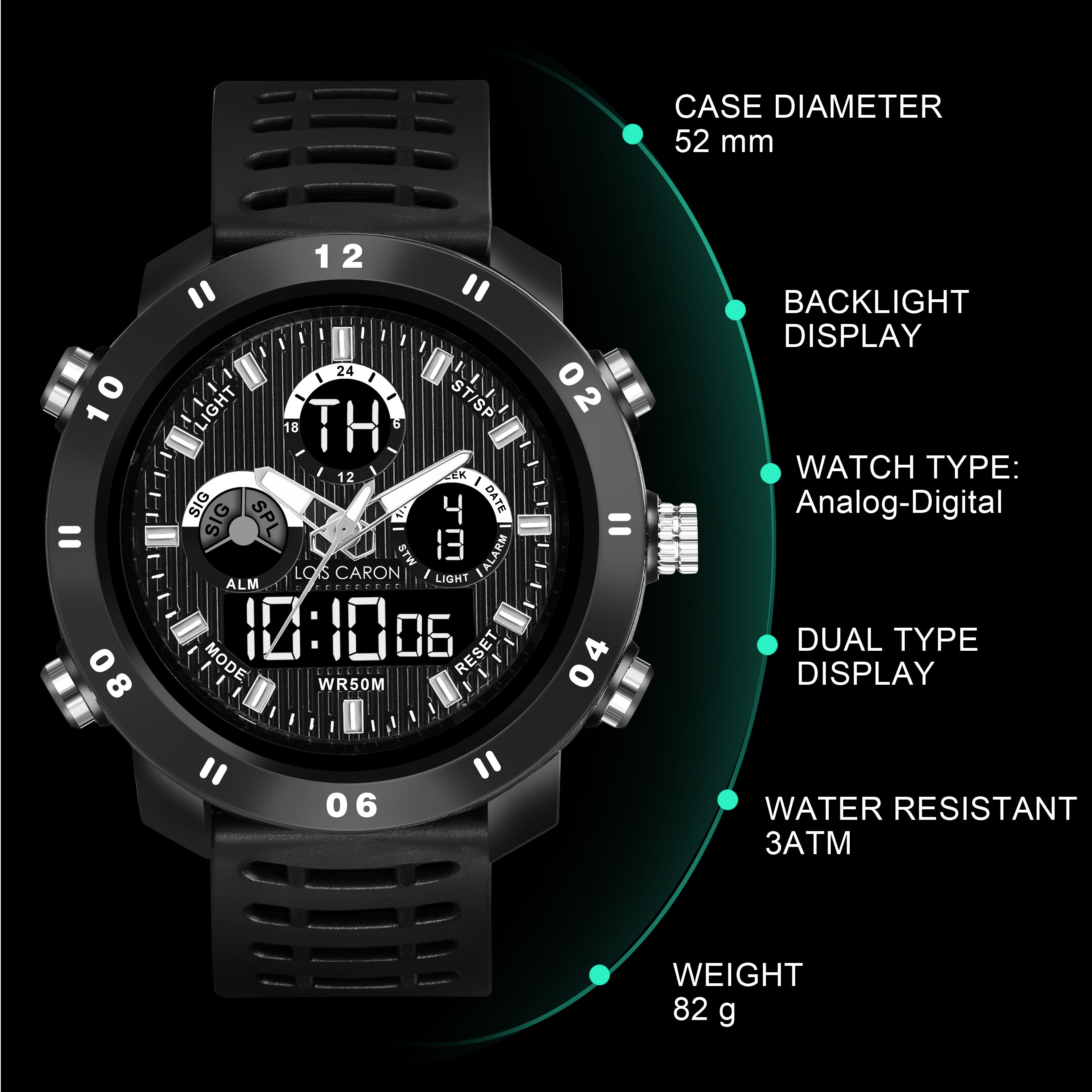 Analog-Digital Sports Watch: Chronograph, Dual Time, Alarm, Stopwatch, Water-Resistant, Shock-Resistant, Back Light Display- The Perfect Watches for Men LCDA8010