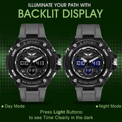 Analog-Digital Sports Watch: Chronograph, Dual Time, Alarm, Stopwatch, Water-Resistant, Shock-Resistant, Back Light Display- The Perfect Watches for Men LCDA8003