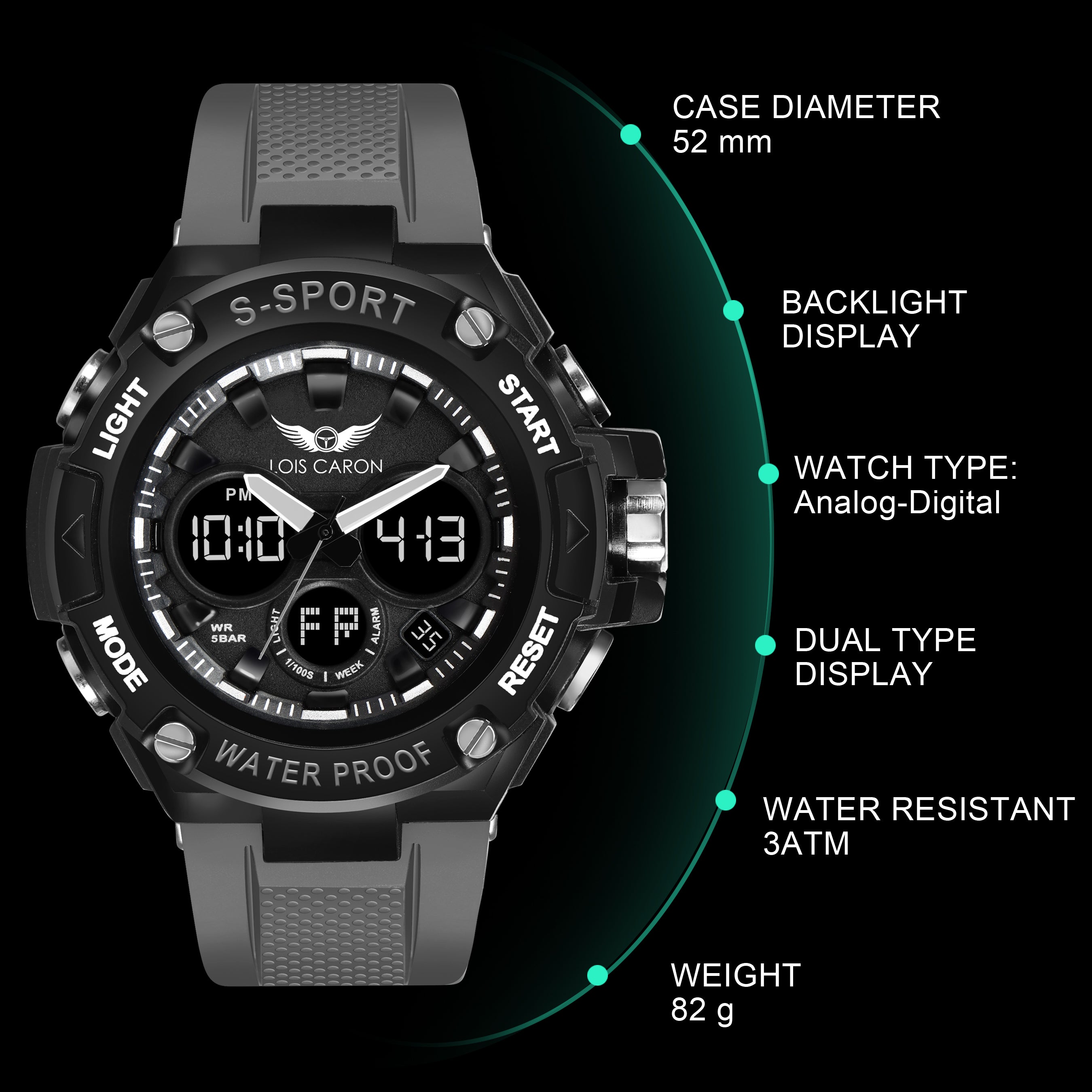 Analog-Digital Sports Watch: Chronograph, Dual Time, Alarm, Stopwatch, Water-Resistant, Shock-Resistant, Back Light Display- The Perfect Watches for Men LCDA8003