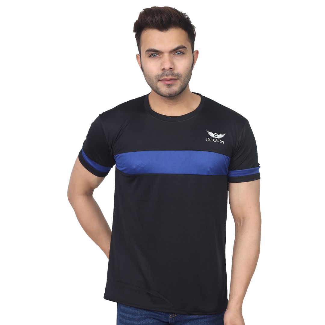 LCTM-01M Black With Blue Strip Horizontal Dry Fit Men Colorblock Round Neck Polyester Blue, Black T-Shirt