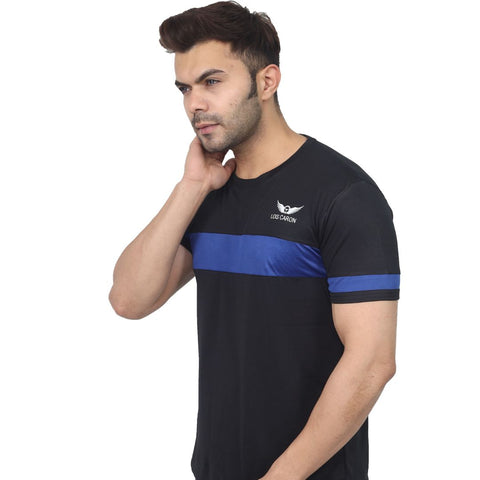 LCTM-01M Black With Blue Strip Horizontal Dry Fit Men Colorblock Round Neck Polyester Blue, Black T-Shirt