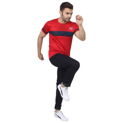 LCTM-18L Red With Navy Blue Strip Dry Fit Men Colorblock Round Neck Polyester Red, Navy Blue T-Shirt