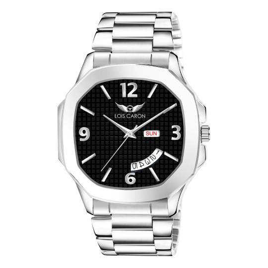 Lois Caron LCS-8312 Men's Quartz Analog Watch with Day & Date Display, Stainless Steel Strap – Stylish Square Dial