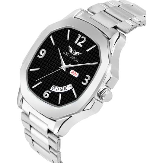 Lois Caron LCS-8312 Men's Quartz Analog Watch with Day & Date Display, Stainless Steel Strap – Stylish Square Dial