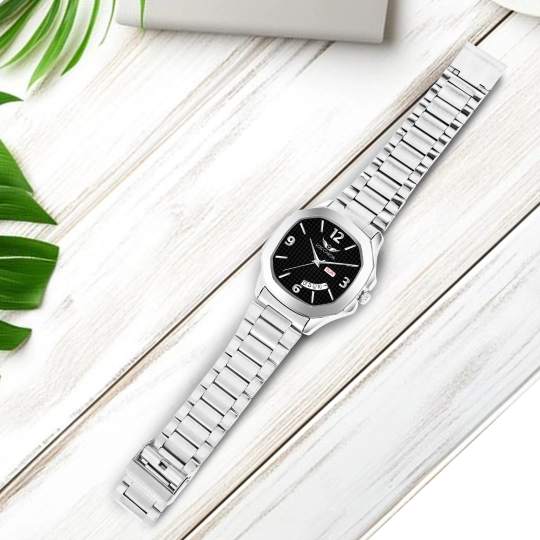 Lois Caron LCS-8312 Men's Quartz Analog Watch with Day & Date Display, Stainless Steel Strap – Stylish Square Dial